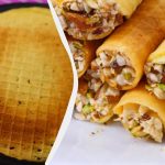 Tubos de waffles crocantes com leite condensado, natas e nozes: